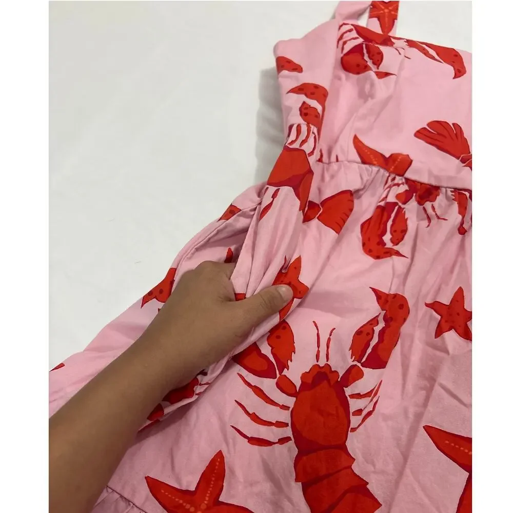 J.Crew Womens 6 Pink Red Lobster Print Tiered Midi Dress Vacation Girly Beachy